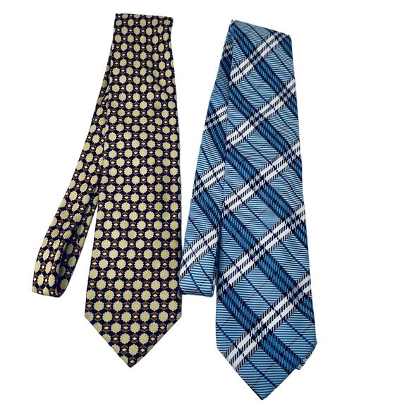 BUNDLE 2 Burberry Ties Brown Blue Silk Print Formal Suit Plaid - Picture 1 of 7